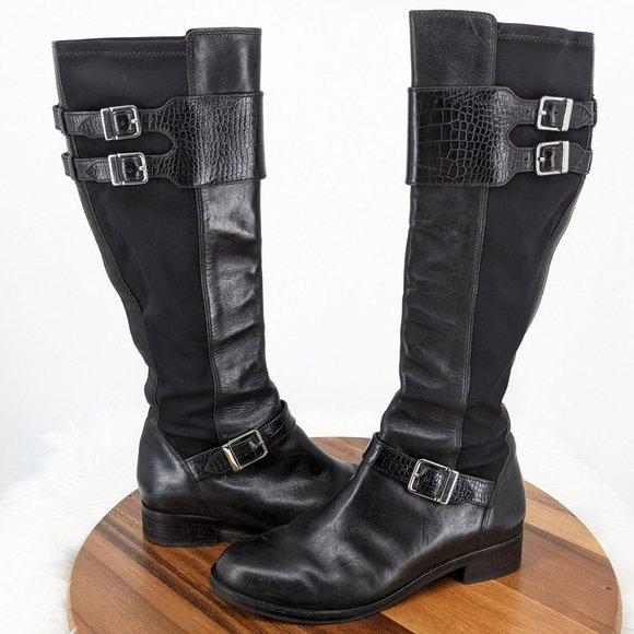 Cole Haan Tennley Knee High Boots 7.5 B Black Leather Stretch Buckles Pull On - Picture 11 of 13